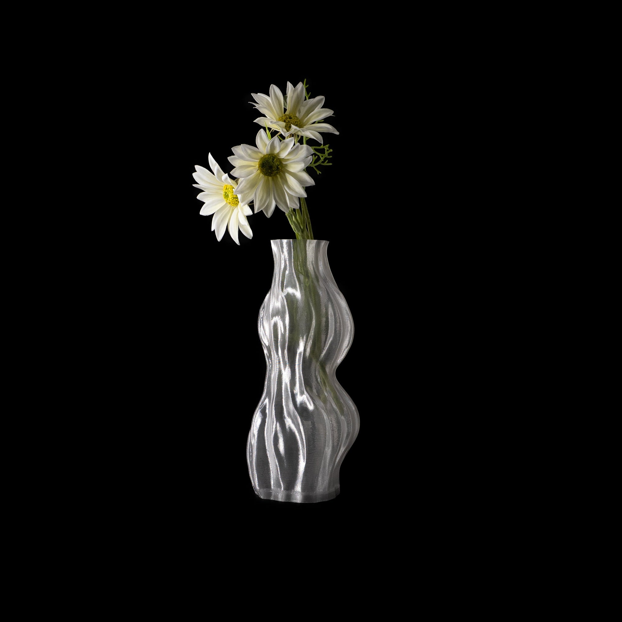 Vase Aria transparent en PETG, garni de fleurs blanches, photographié en studio sur fond noir