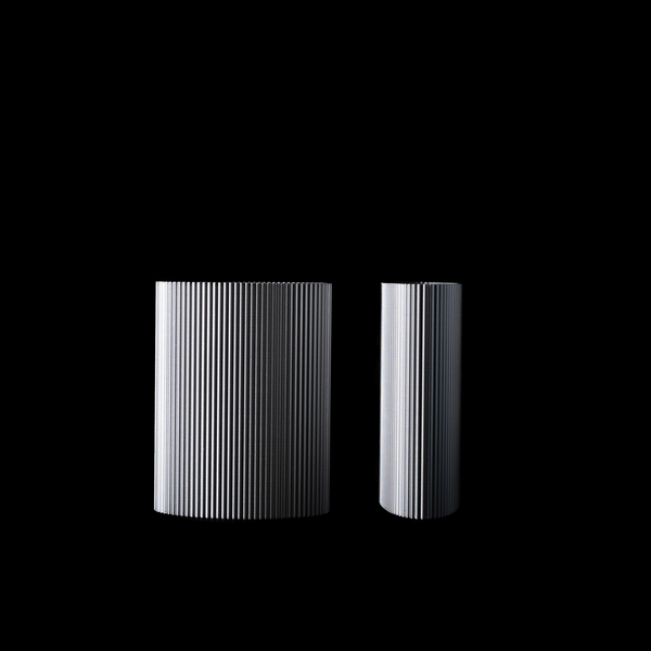 Deux vases Riga en PLA finition Chrome, présentés en vue alternative sur fond noir. La lumière révèle les détails fins des stries verticales.